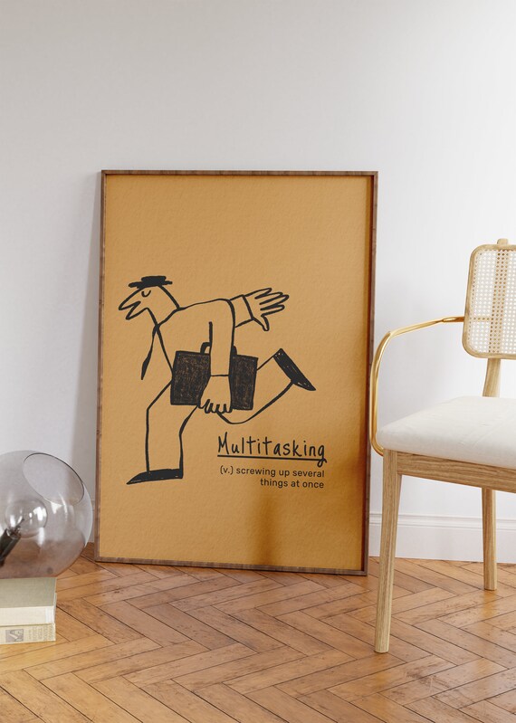 Funny Multitasking Wall Art Print Orange Minimalist Line Art Painting Decor For Living Room And Office Inspirational Quotes