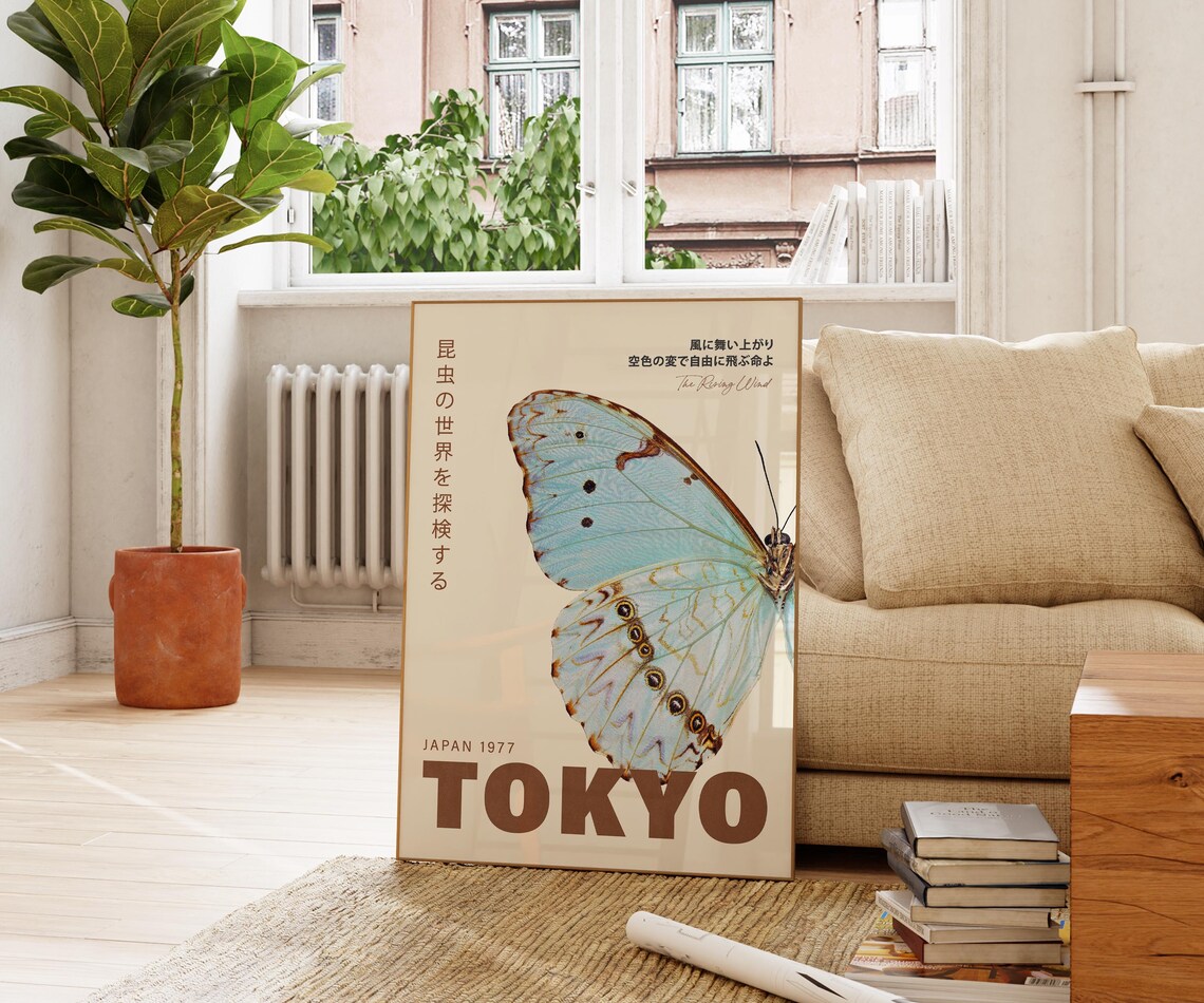 Tokyo 1977 Blue Morpho Butterfly Wing Vintage Japanese Exhibition Art Poster - Image 2