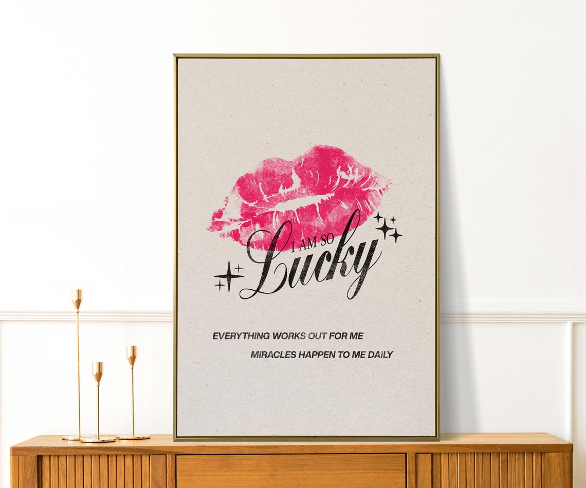 I Am So Lucky Lipstick Kiss Script Pink Vintage Girly Wall Art Print
