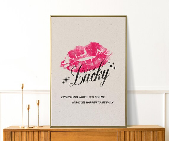 I Am So Lucky Lipstick Kiss Script Pink Vintage Girly Wall Art Print