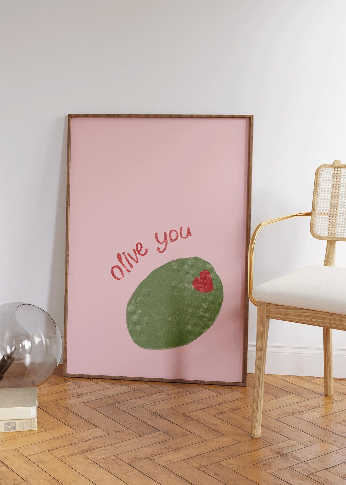 Olive You Pink Background Cute Food Pun Quote Wall Art Poster - Image 3