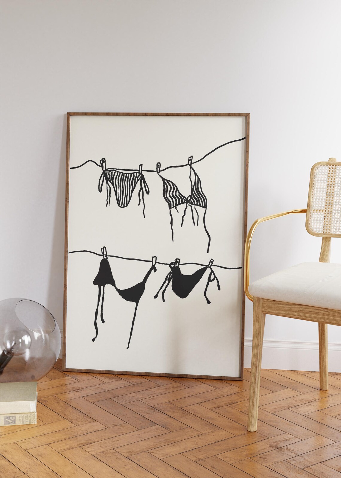 Bikini Clothesline Illustration Black White Minimalist Summer Art Poster - Image 2
