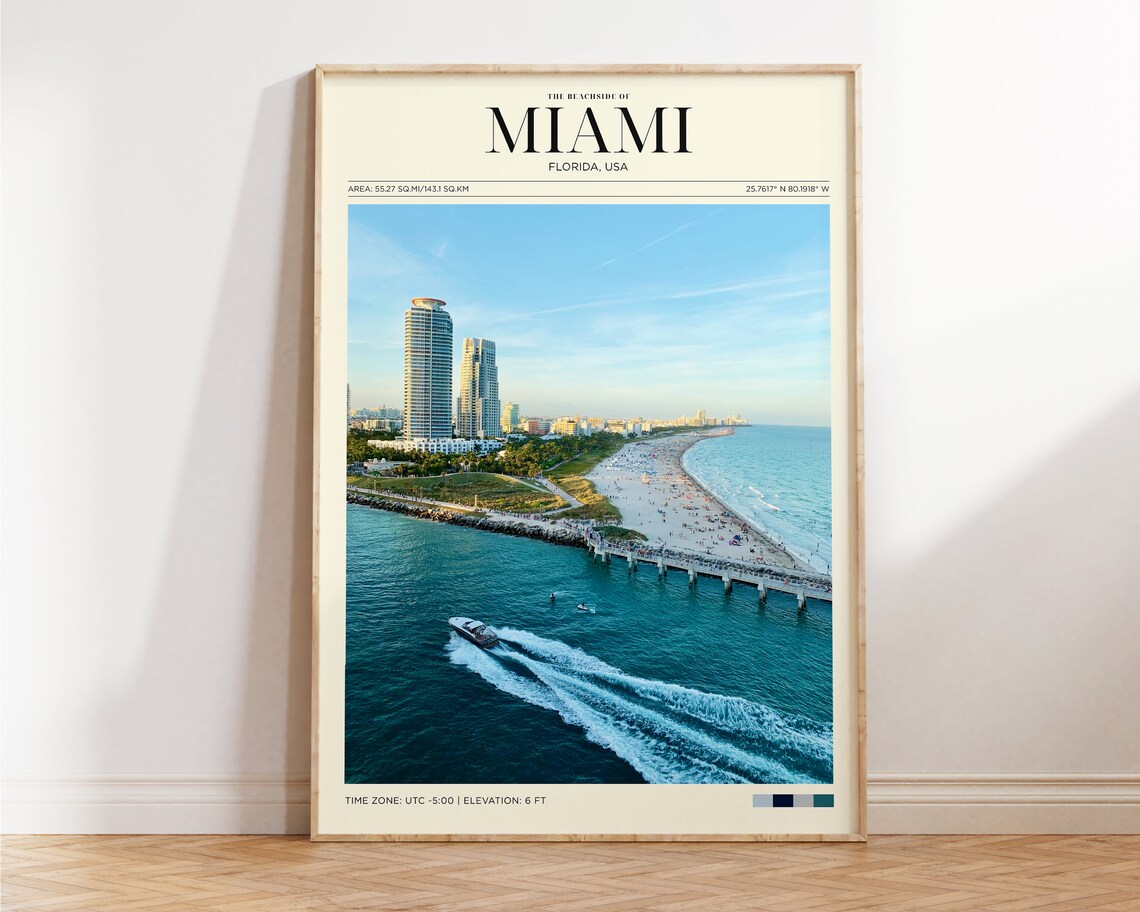 Miami Florida Beachside Aerial Ocean Boats Turquoise Travel Poster - Image 2