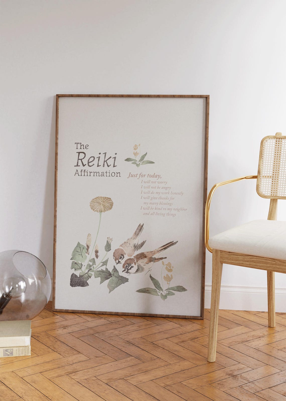 Reiki Affirmation Japanese Sparrow Wildflower Zen Wellness Poster - Image 3