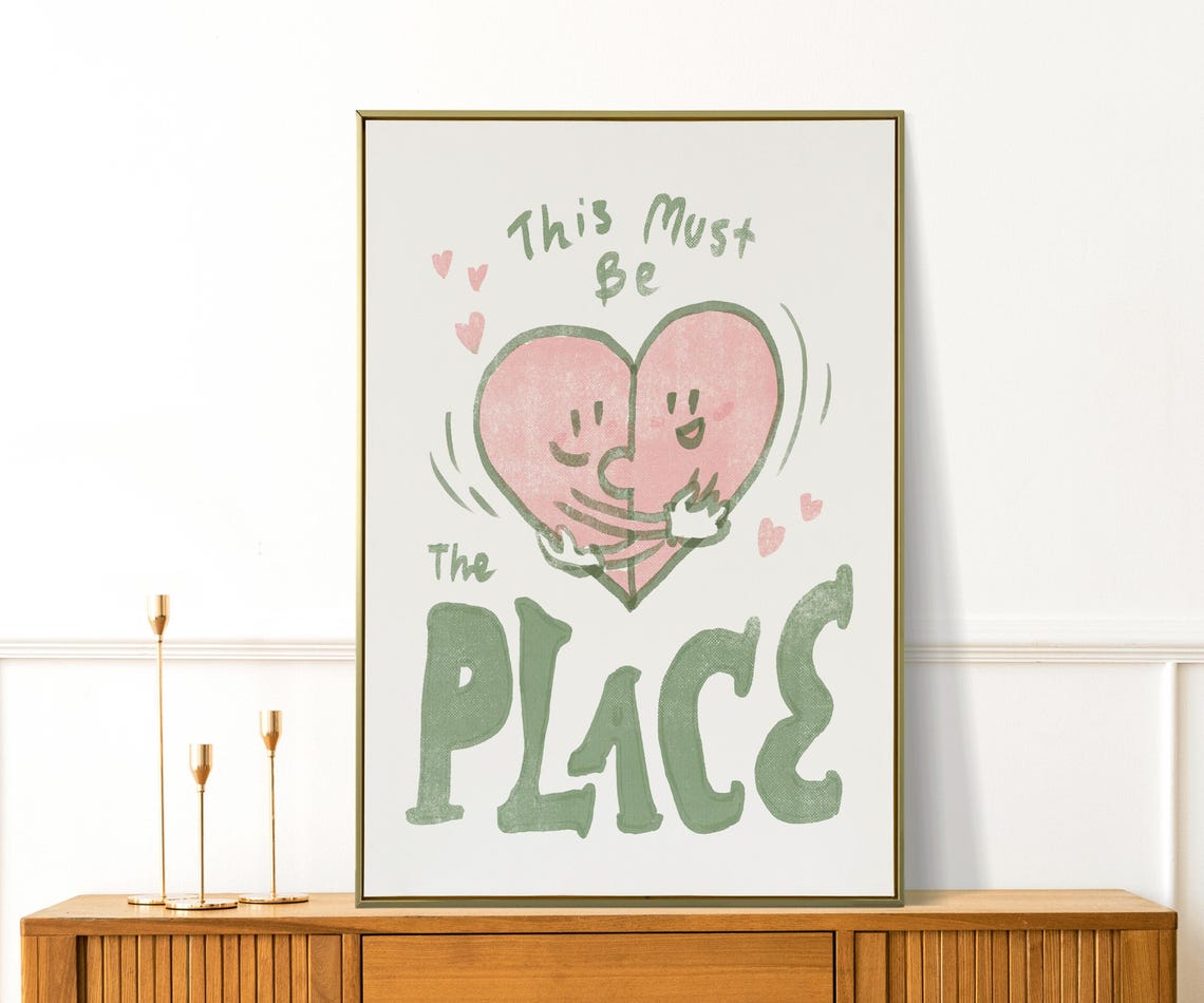 This Must Be The Place Hugging Heart Sage Green Cute Love Poster - Image 3