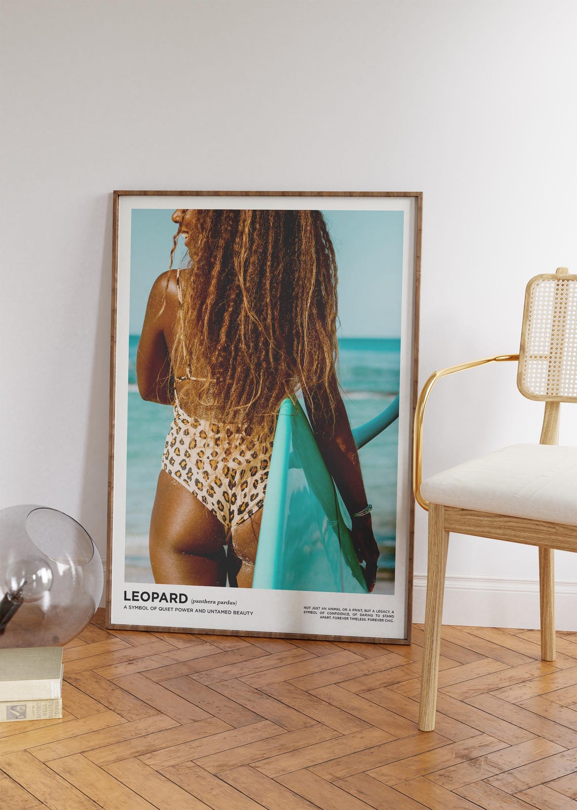 Leopard Swimsuit Surfer Girl Teal Board Beach Photo Wall Poster - Image 4