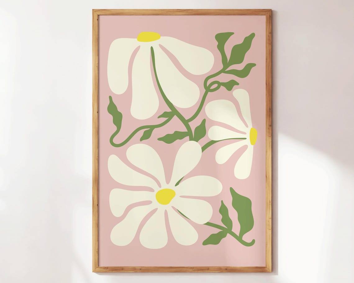 Retro White Daisy Floral Maximalist Botanical Pink Kitchen Wall Art