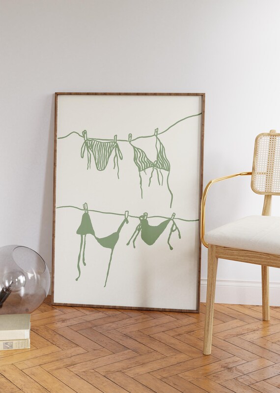 Bikini Clothesline Illustration Sage Green Coastal Summer Beach Poster