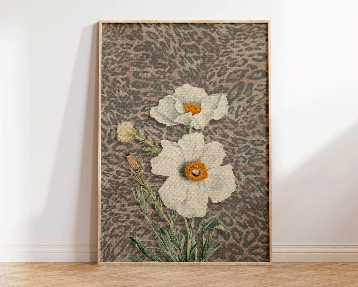 White Poppy Flowers on Leopard Print Botanical Vintage Wall Print - Image 3