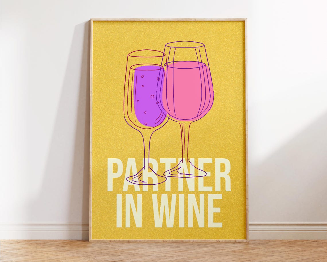Partner In Wine Yellow Bar Cart Art Funny Wine Glasses Wall Poster - Image 4