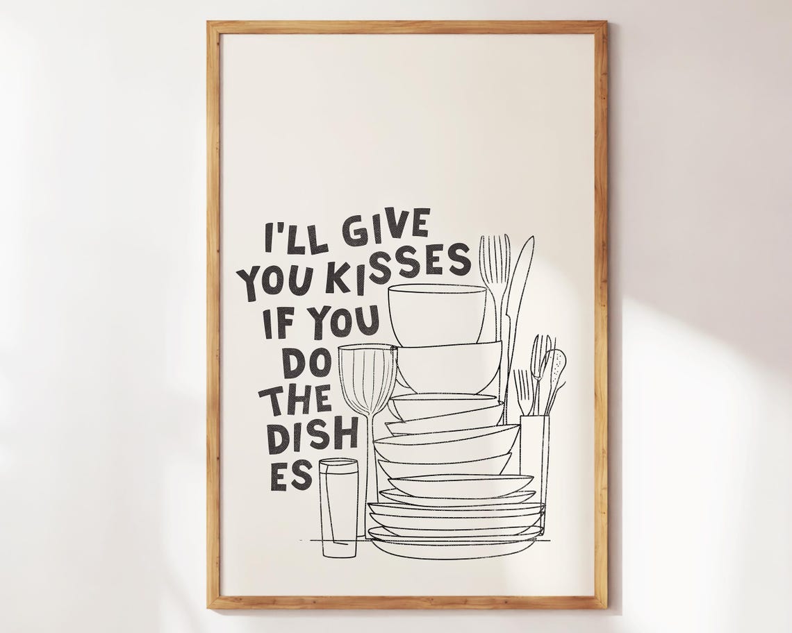 Ill Give You Kisses If You Do The Dishes Black Line Art Kitchen Poster - Image 2
