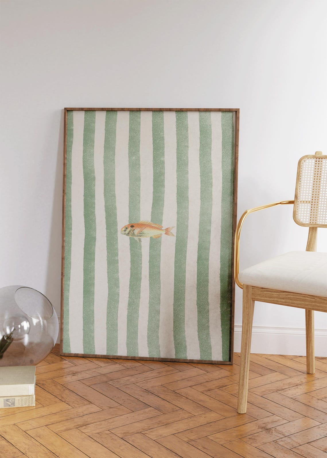 Lone Fish Retro Illustration Green Striped Coastal Kitchen Wall Print - Image 4