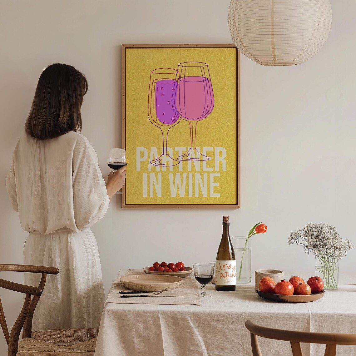 Partner In Wine Yellow Bar Cart Art Funny Wine Glasses Wall Poster - Image 2