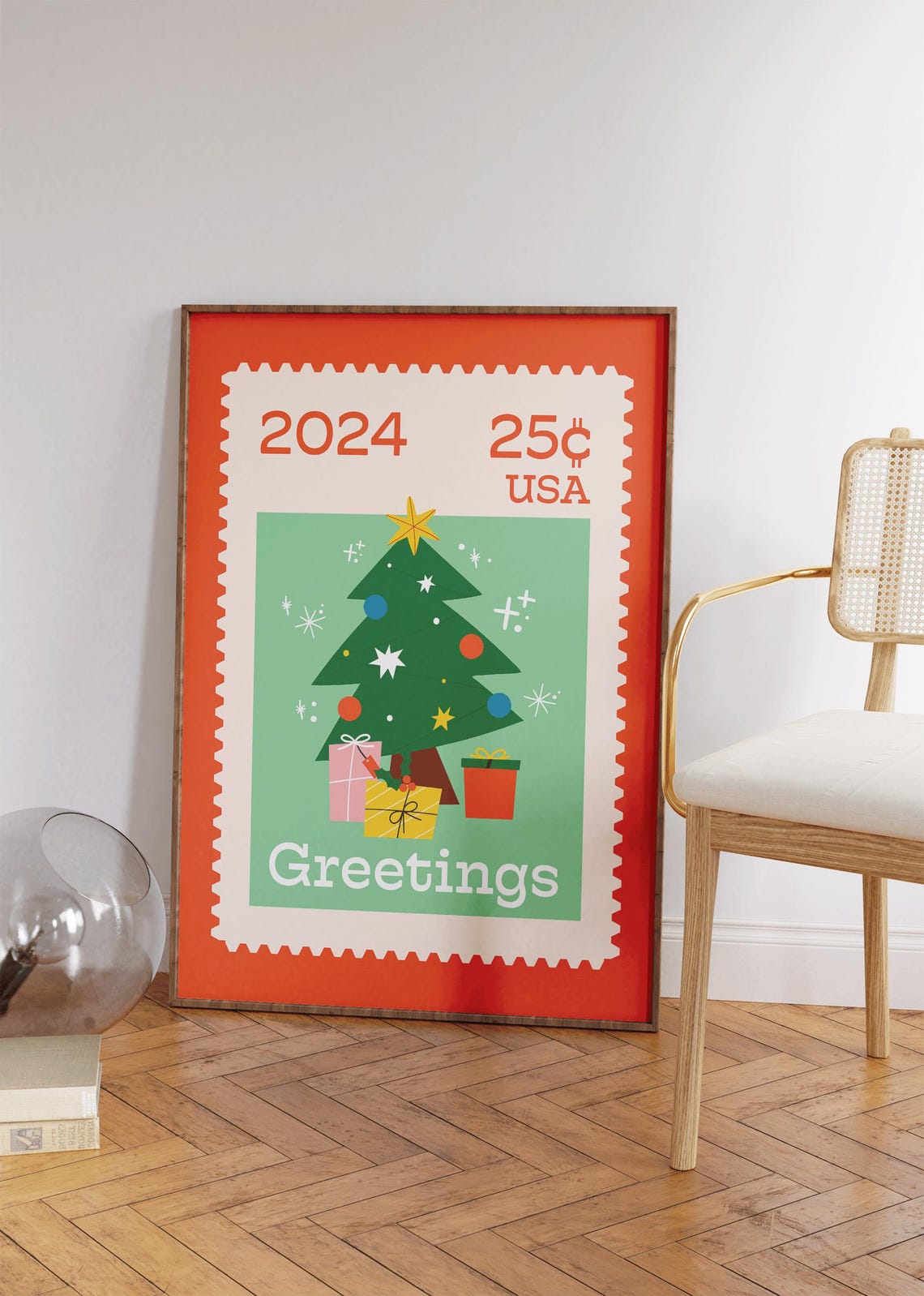 2024 Christmas Tree Postage Stamp Greetings Retro Holiday Poster