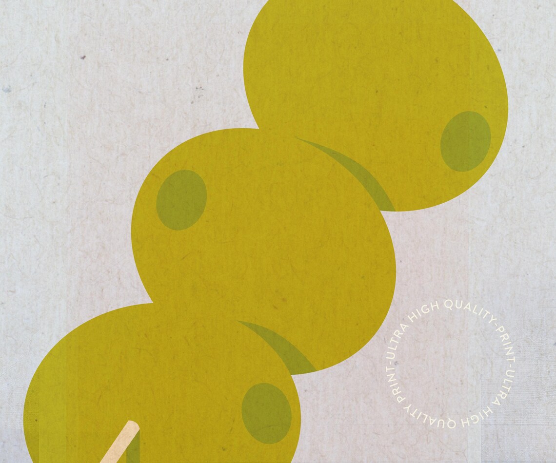 Green Olives Cocktail Skewer Minimalist Blue Retro Kitchen Decor Poster - Image 5