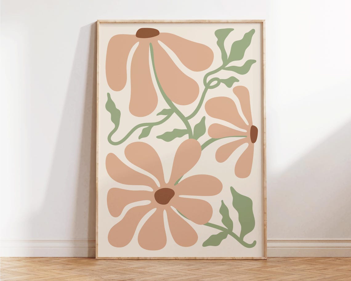 Peach Retro Flowers Cream Background Minimal Botanical Wall Art Print