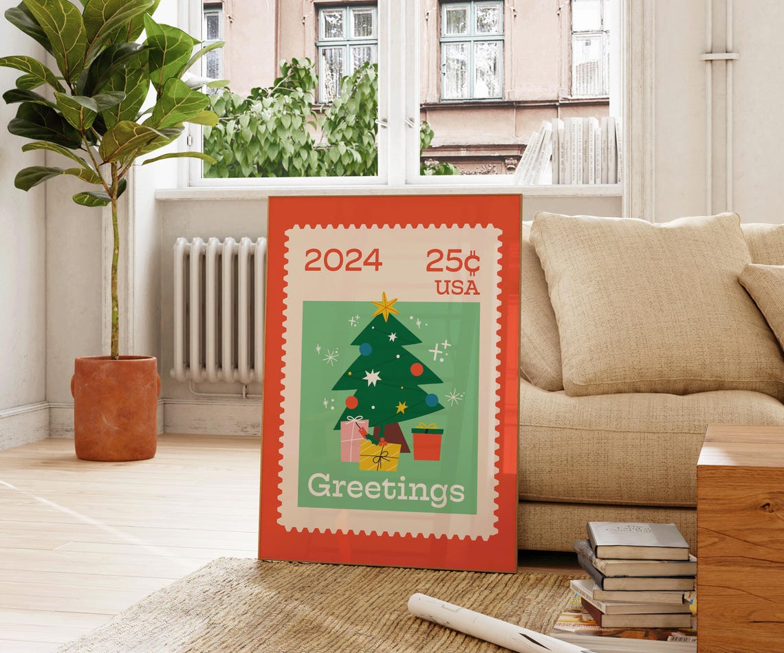 2024 Christmas Tree Postage Stamp Greetings Retro Holiday Poster - Image 4