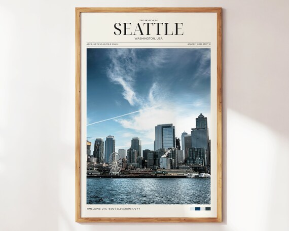 Seattle Washington Skyline Waterfront Ferris Wheel Daylight View Travel Poster