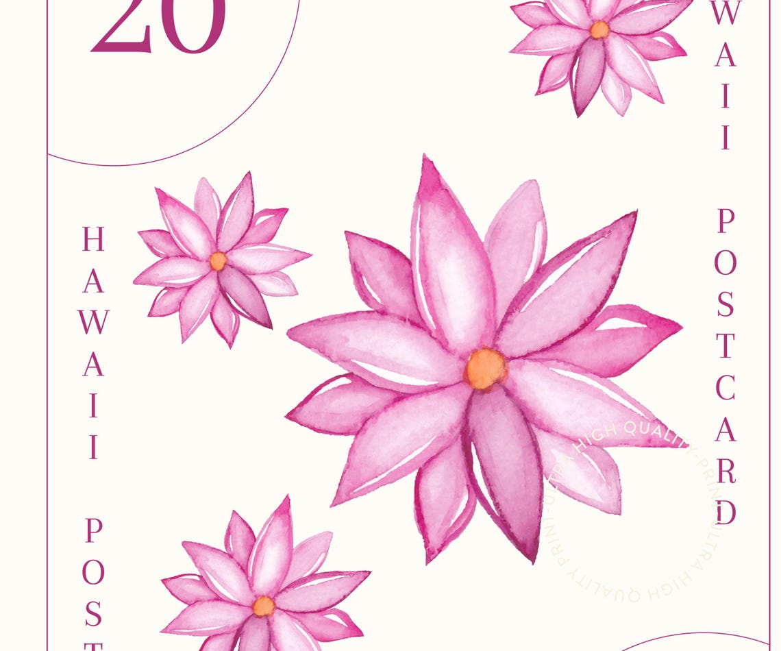 Hawaii Postcard Pink Floral Watercolor Botanical Stamp Wall Art Poster - Image 5