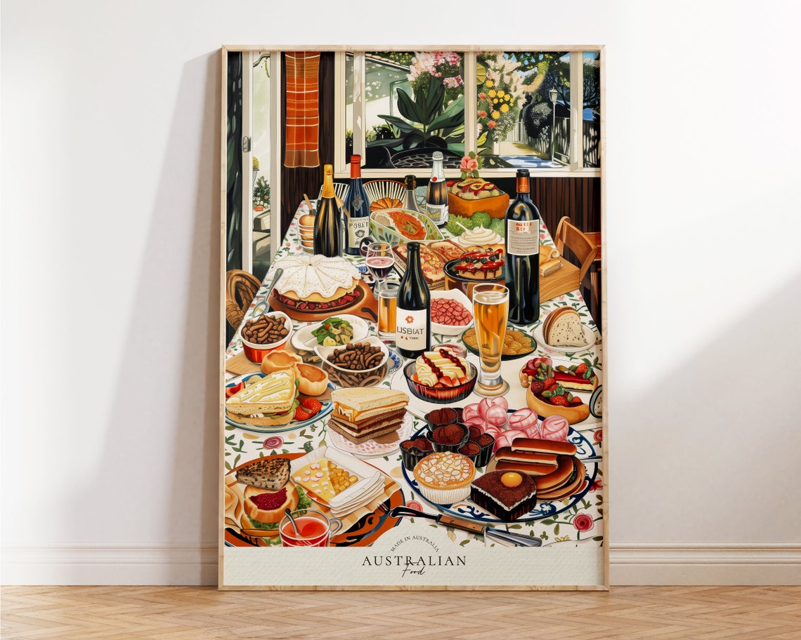 Australian Food Feast Table Illustration Retro Kitchen Art Poster