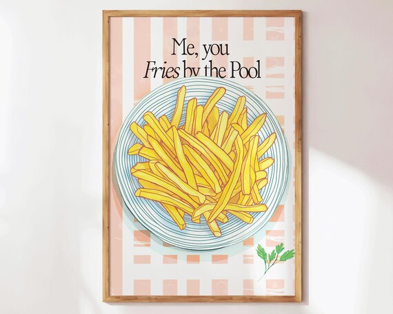 Fries By The Pool Pink Kitchen Food Illustration Retro Wall Poster