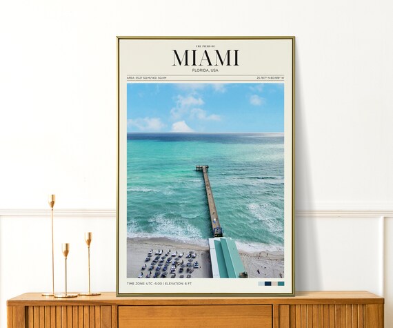 Miami Florida Aerial Pier Beach Turquoise Ocean Waves Travel Poster