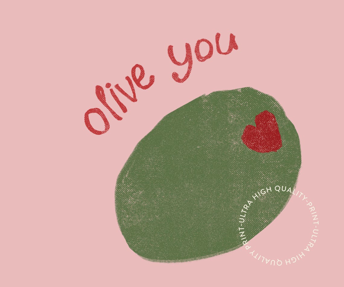 Olive You Pink Background Cute Food Pun Quote Wall Art Poster - Image 5