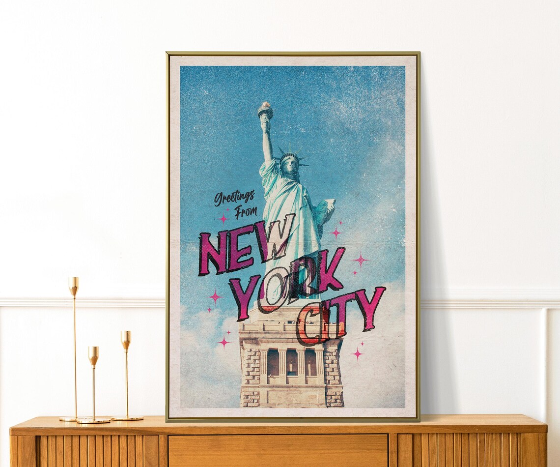 New York City Statue Of Liberty Pink Retro Travel Poster Vintage Style - Image 3