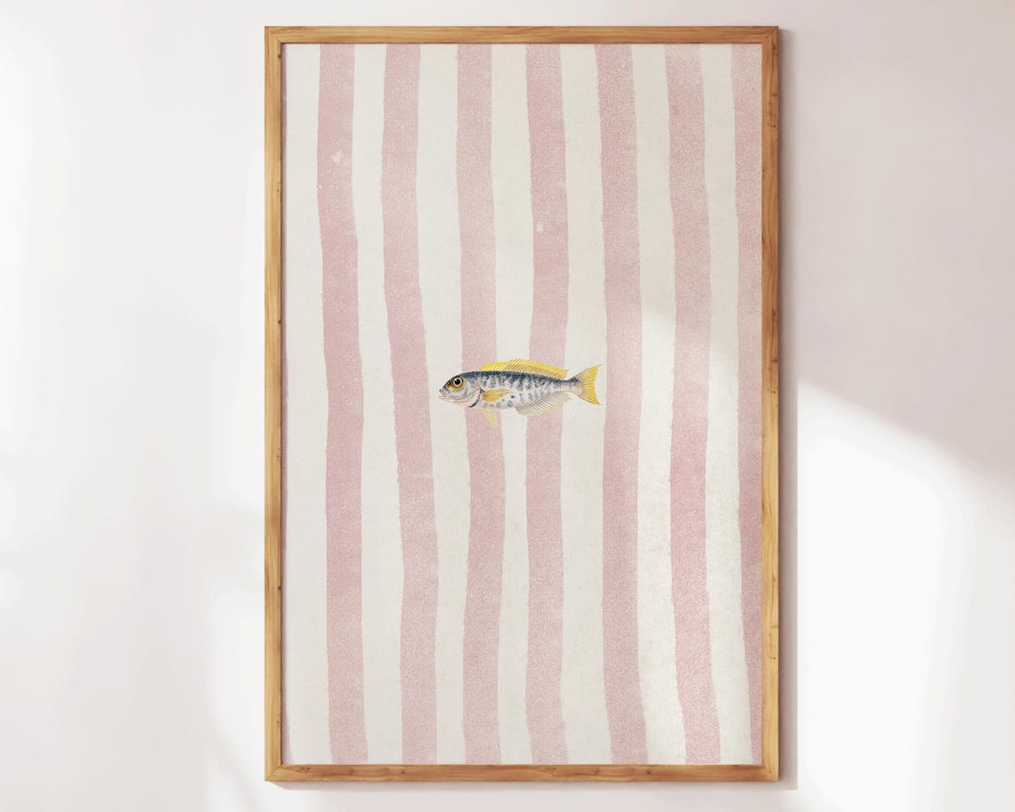 Lone Fish Retro Illustration Pink Striped Beachy Coastal Kitchen Print - Image 3
