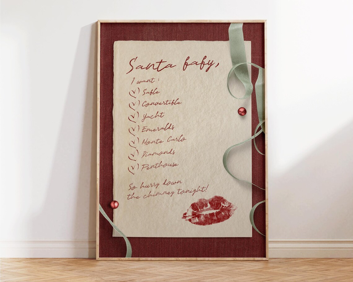 Santa Baby Wishlist Letter Christmas Lipstick Kiss Wall Art Poster - Image 2