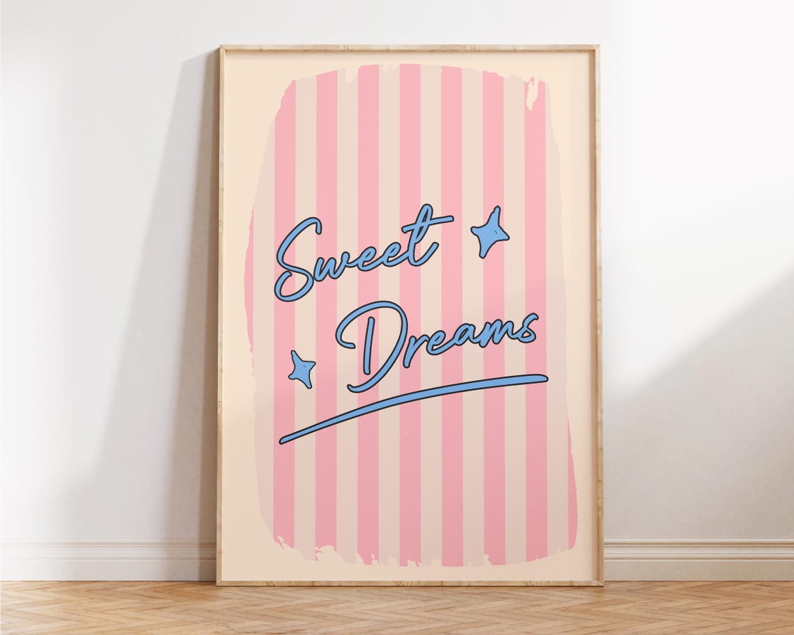Sweet Dreams Blue Script Pink Striped Retro Bedroom Quote Decor Poster - Image 4