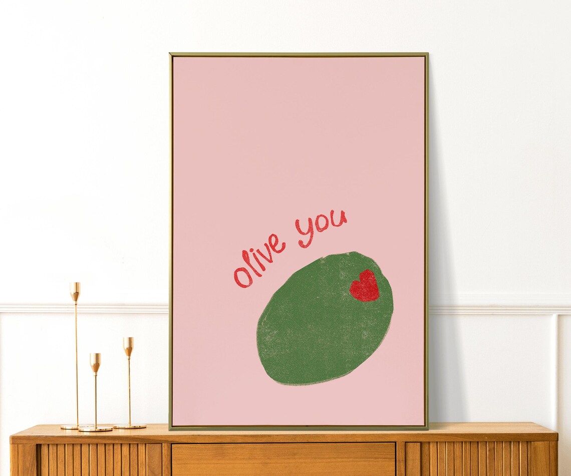 Olive You Pink Background Cute Food Pun Quote Wall Art Poster - Image 2