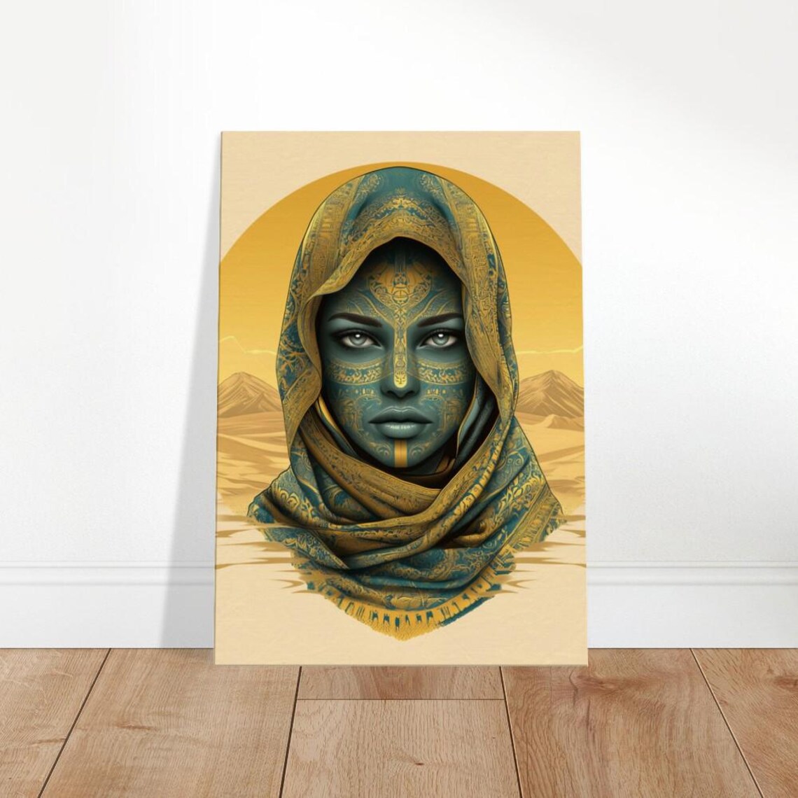 Desert Enigma Golden Portrait Ornate Teal Headscarf Stylized Print