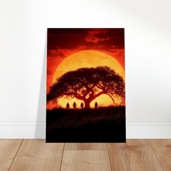 Fiery Sunset Canvas Art African Savanna Landscape Vibrant Red Orange Wall Decor Majestic Tree Silhouette