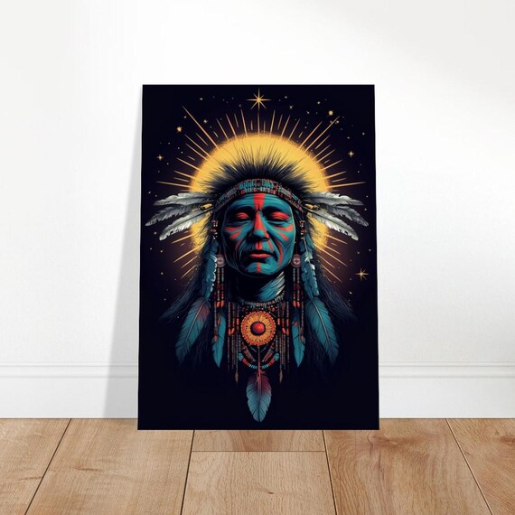 Indigenous Chief Feather Headdress Golden Sun Tribal Art Poster