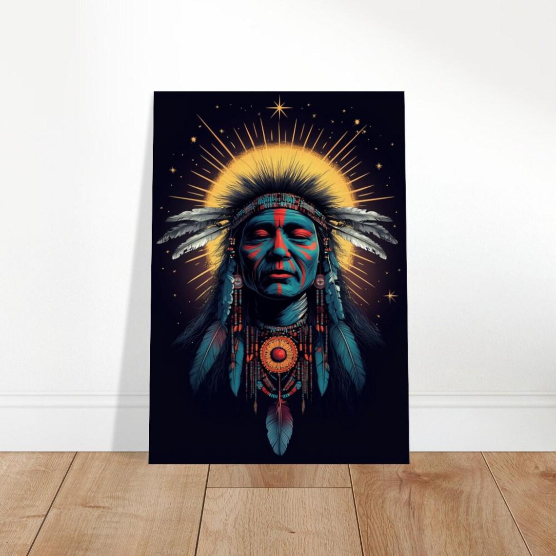 Indigenous Chief Feather Headdress Golden Sun Tribal Art Poster