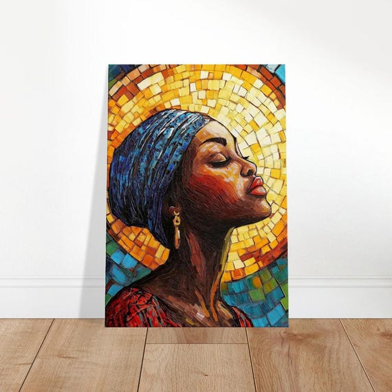 Divine Radiance Canvas Art Global Mosaic Woman Portrait Textured Ethnic Wall Decor Culturally Inspired Home