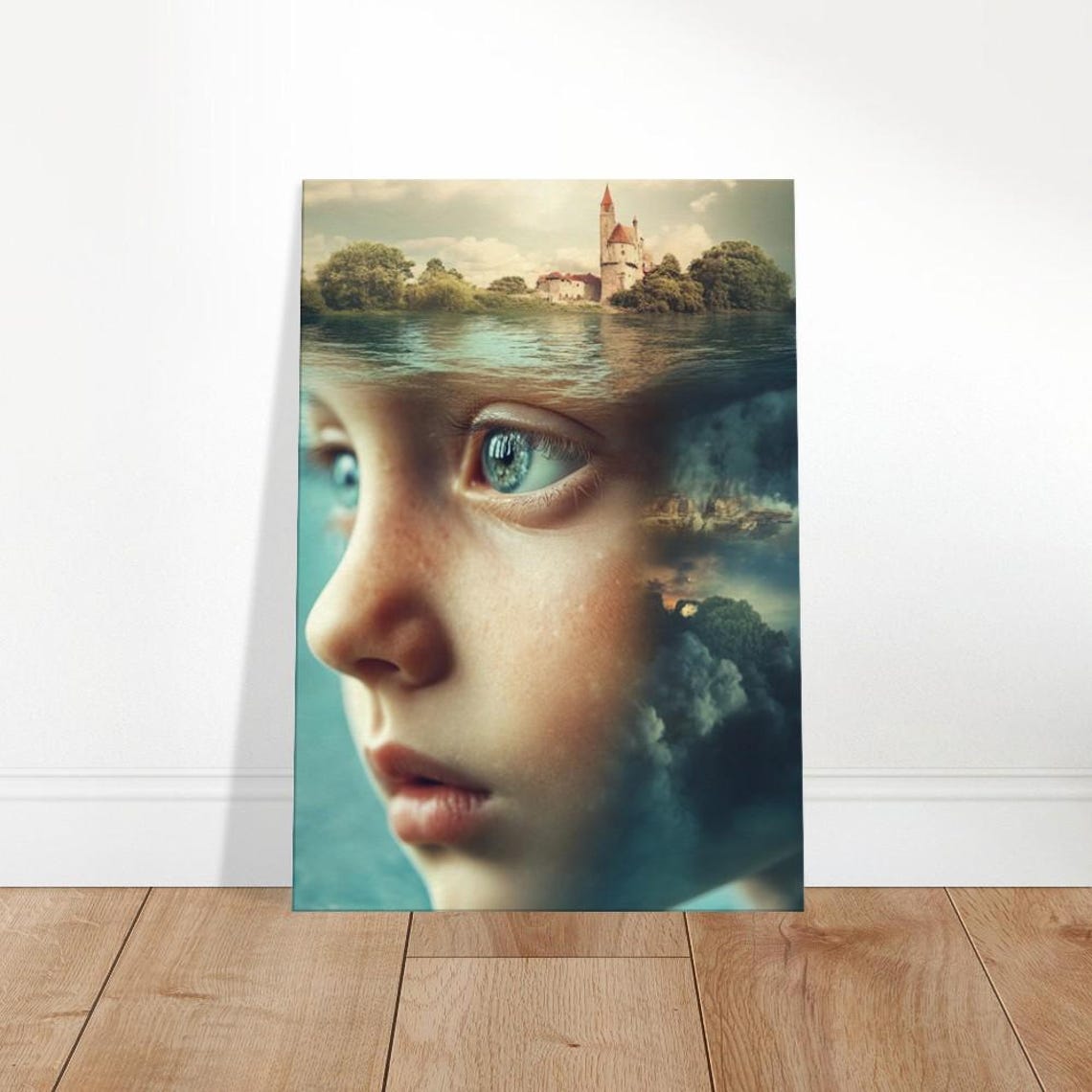 Surreal Dreamscape Child Face Castle Lake Double Exposure Art Poster