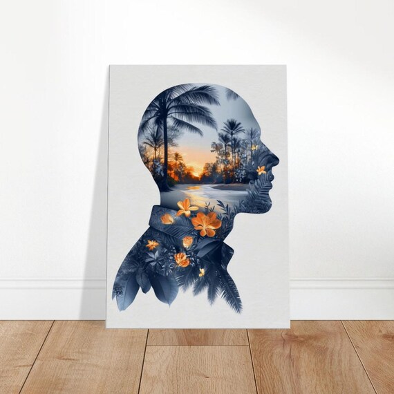 Head Silhouette Double Exposure Tropical Sunset Mindscape Poster
