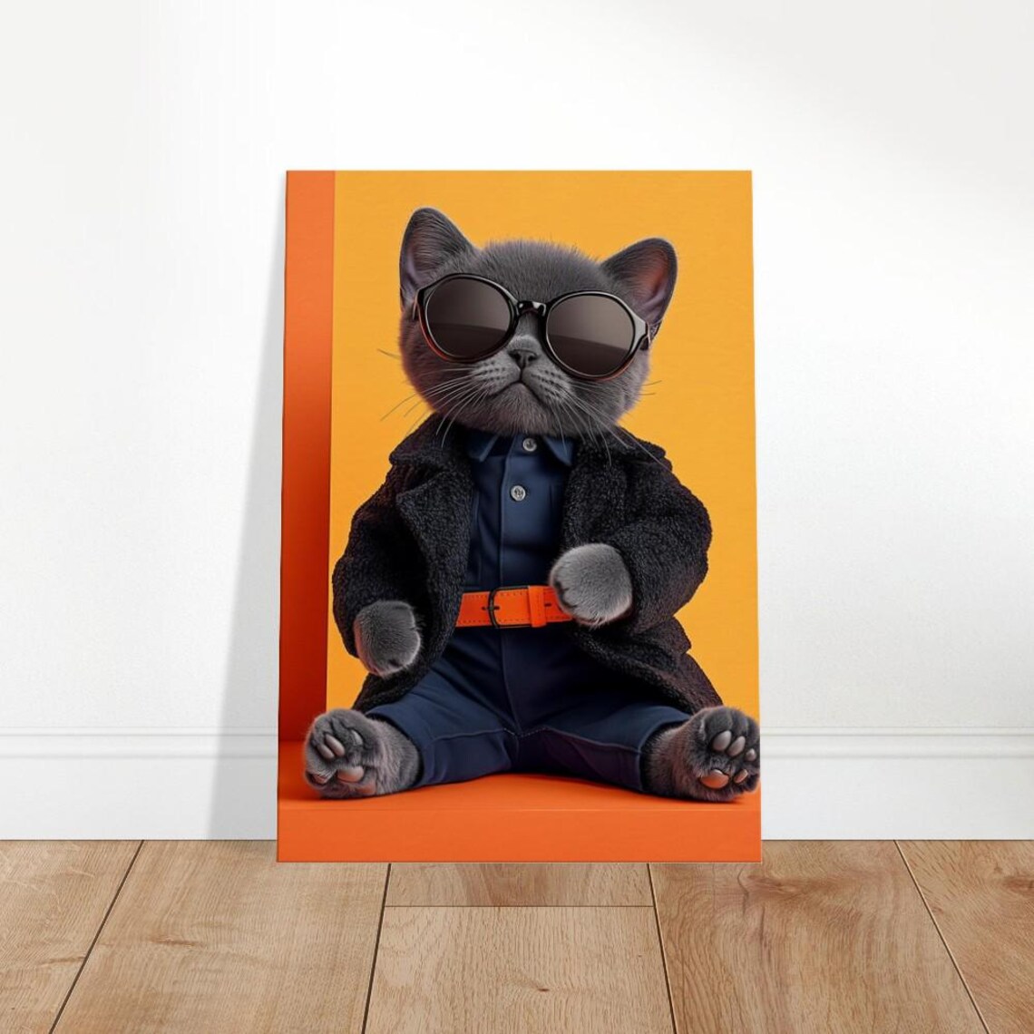 Black Cat Sunglasses Black Coat Orange Background Pop Art Poster