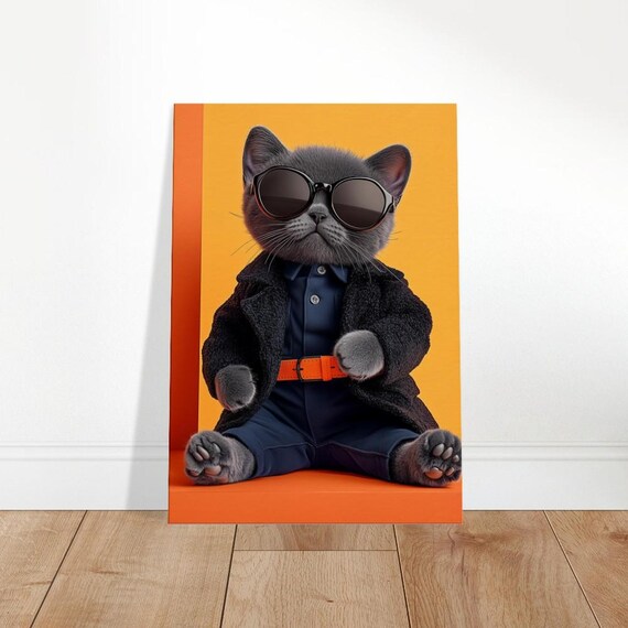 Black Cat Sunglasses Black Coat Orange Background Pop Art Poster