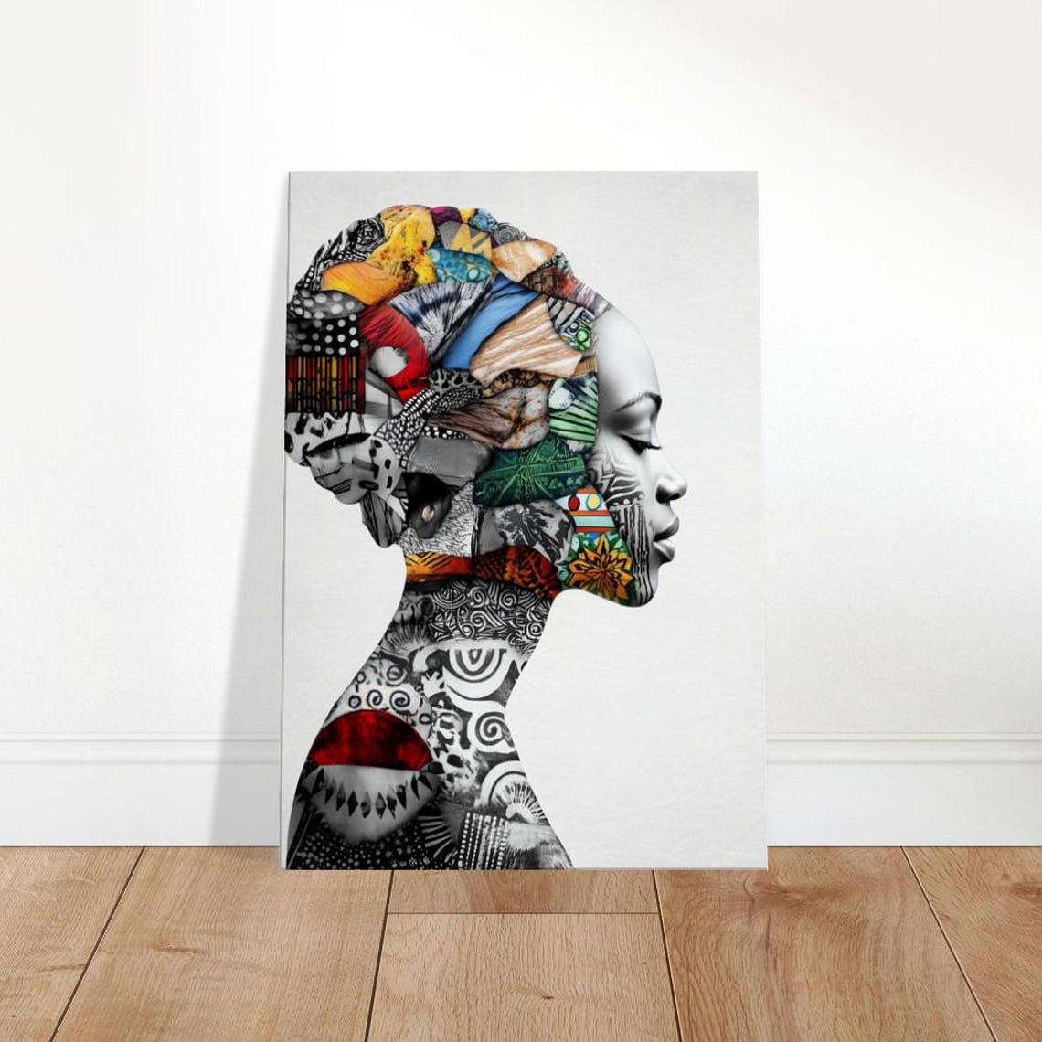 Elegant Woman Profile Colorful Textile Collage Modern Art Poster