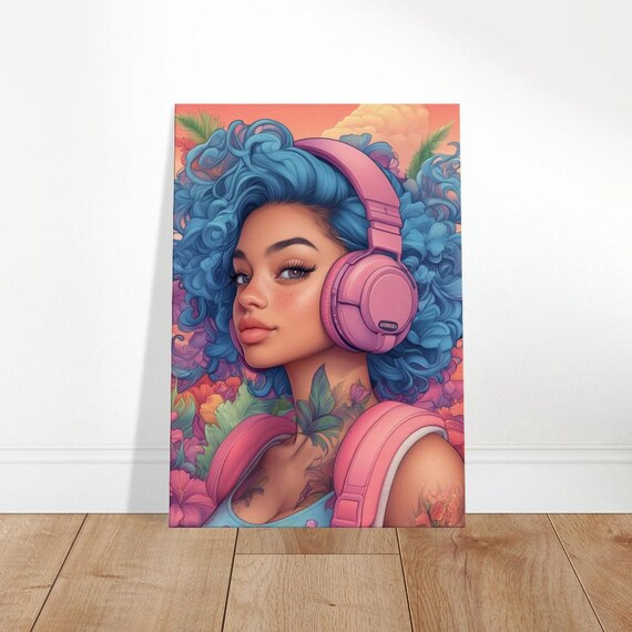 Blue Hair Woman Pink Headphones Tropical Pop Portrait Art Print