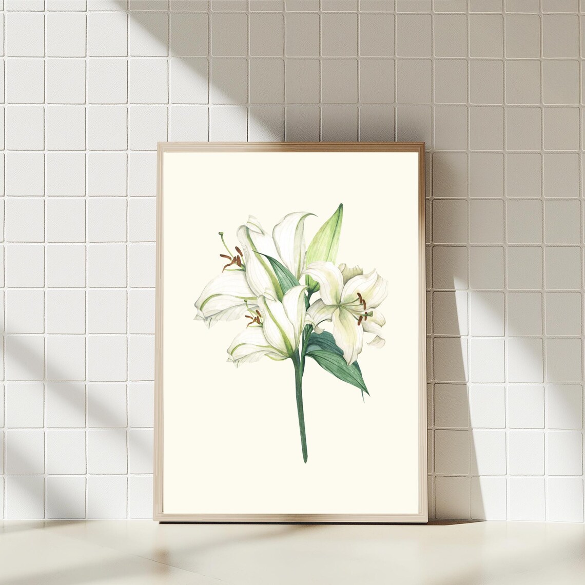 White Lily Bouquet Print Beige Minimalist Floral Wall Art