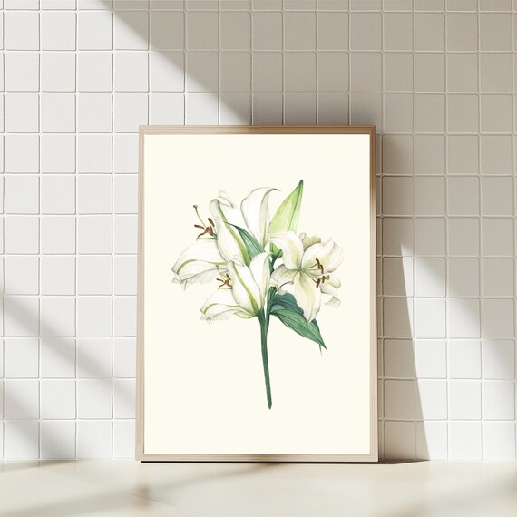 White Lily Watercolor Botanical Bloom Cream Background Wall Art