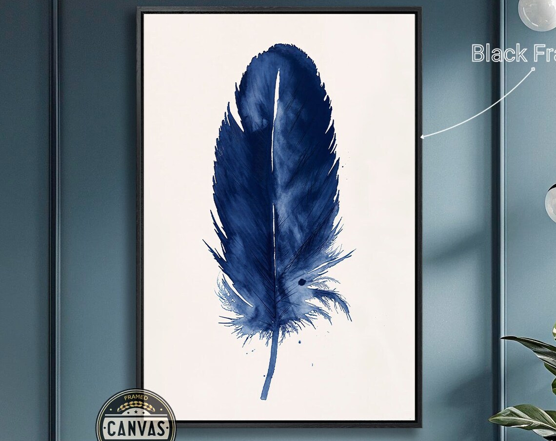 Blue Feather Watercolor Art Print, Minimalist Quill
