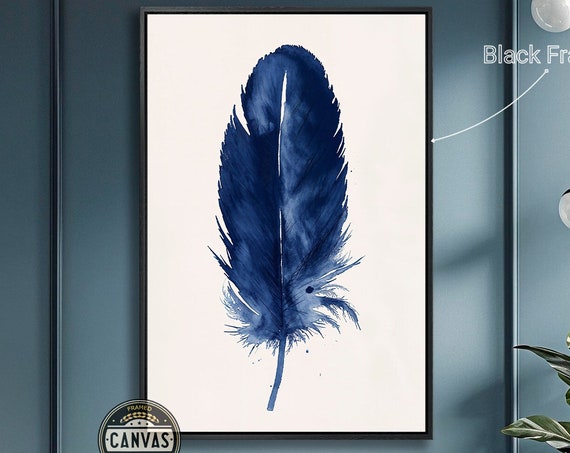 Blue Feather Watercolor Art Print, Minimalist Quill
