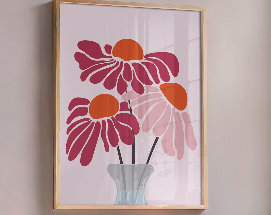 Three Magenta Daisies in a Glass Vase Retro Mid Century Wall Art