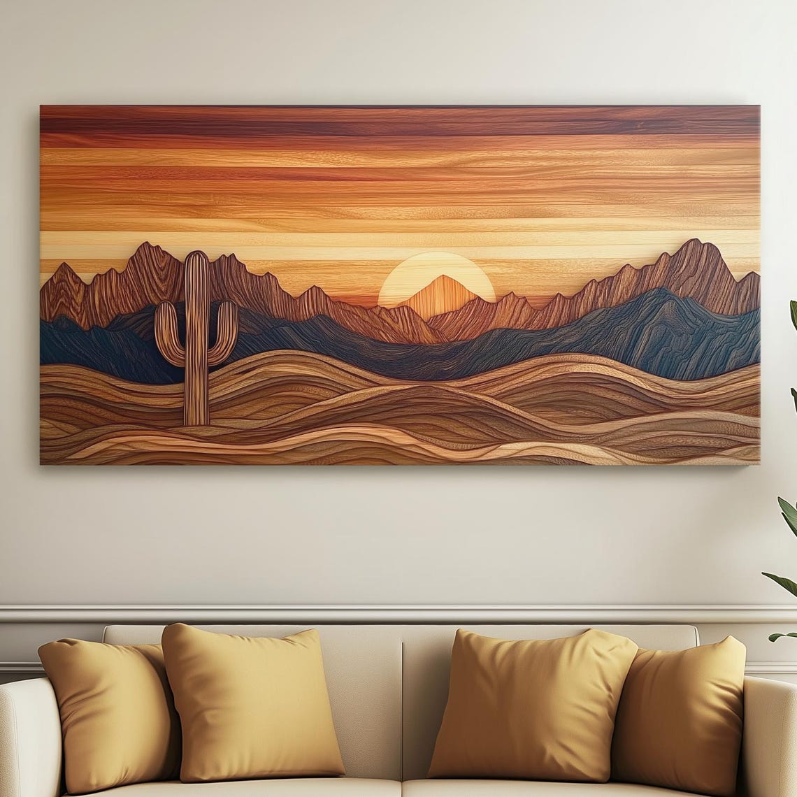 Desert Sunset Layered Wood Saguaro Cactus Dunes Rustic Wall Art