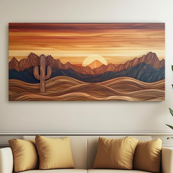 Desert Sunset Layered Wood Saguaro Cactus Dunes Rustic Wall Art